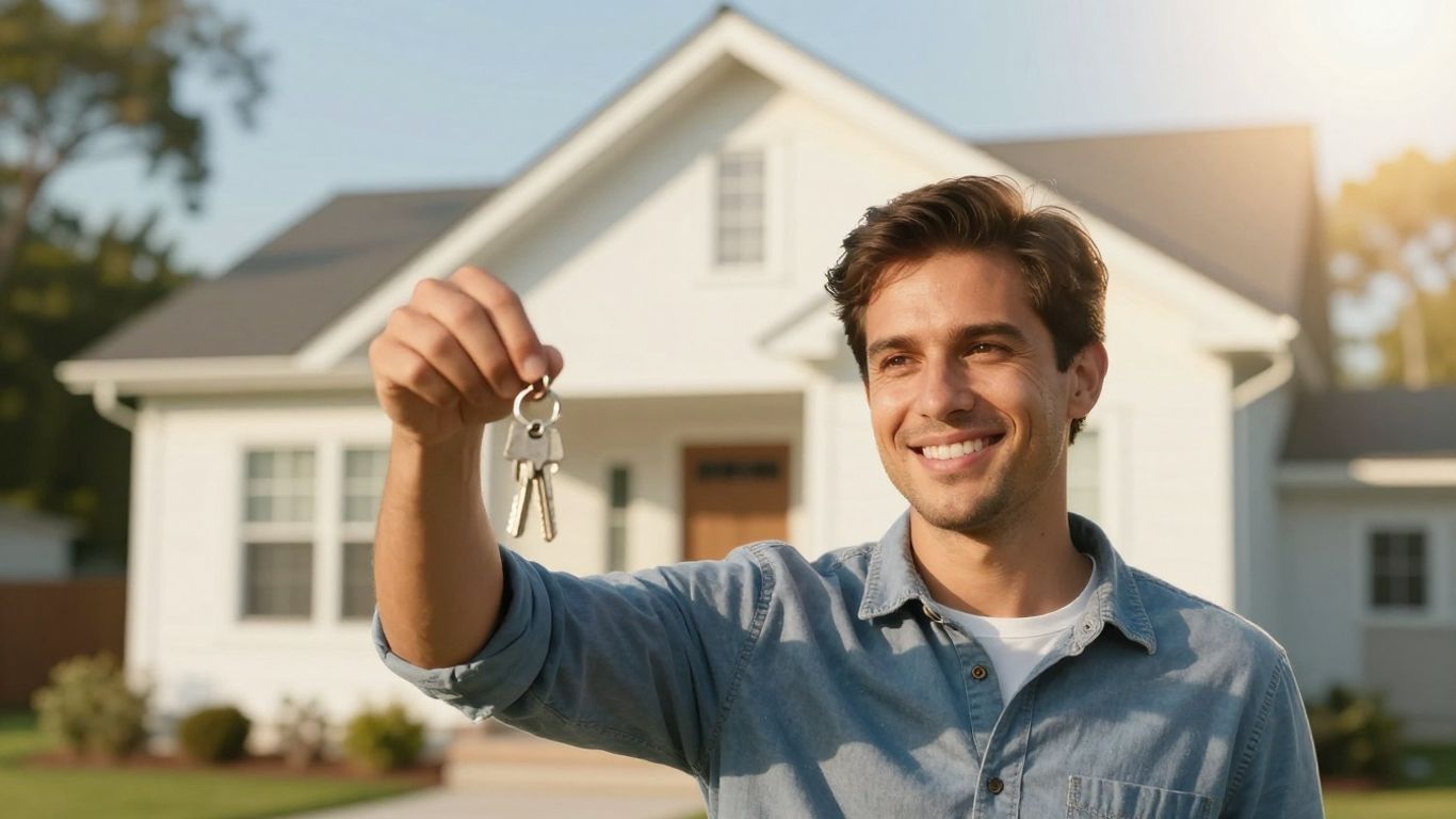 Homeowner with keys in front of a sunlit house.