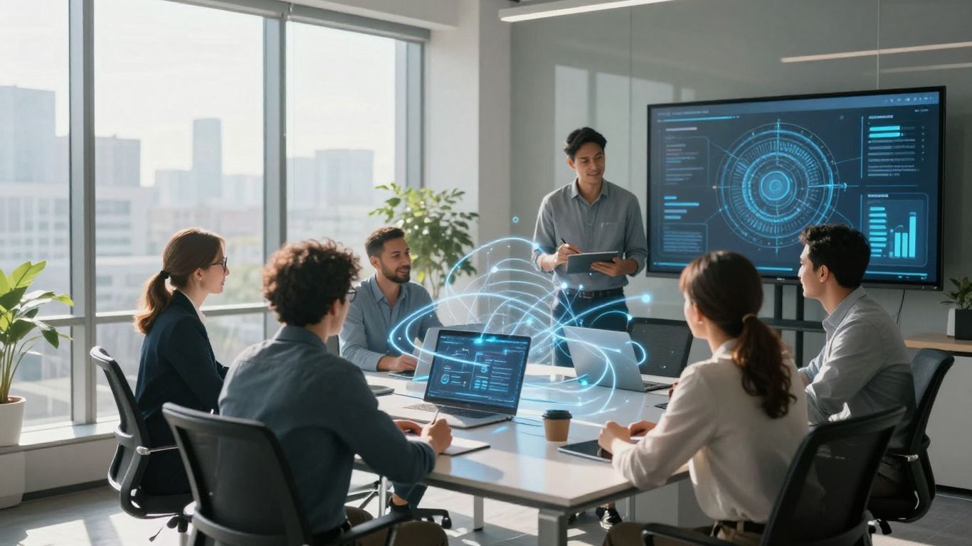 Business professionals collaborating with integrated technology.