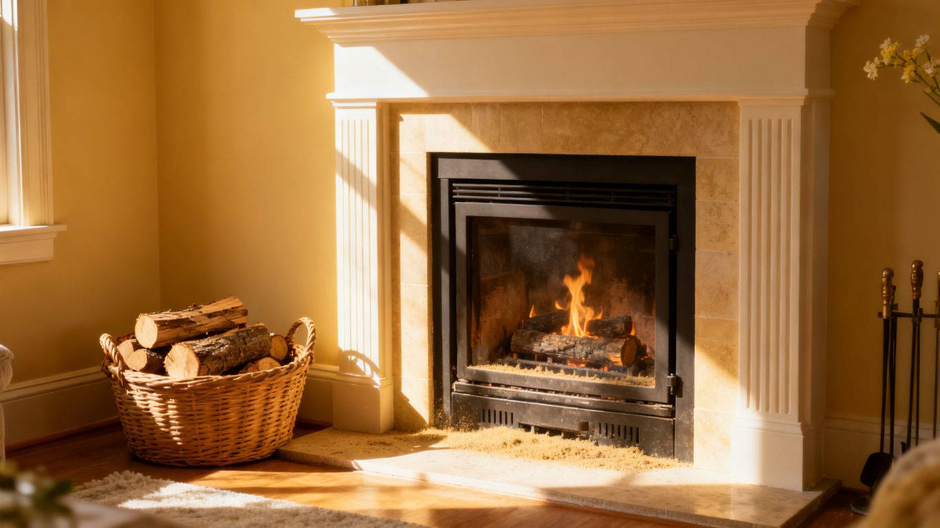 Clean fireplace in a sunlit living room.