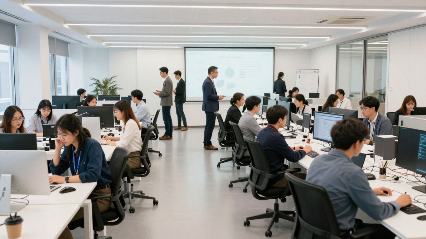 Team collaborating on innovation ideas in a modern office.