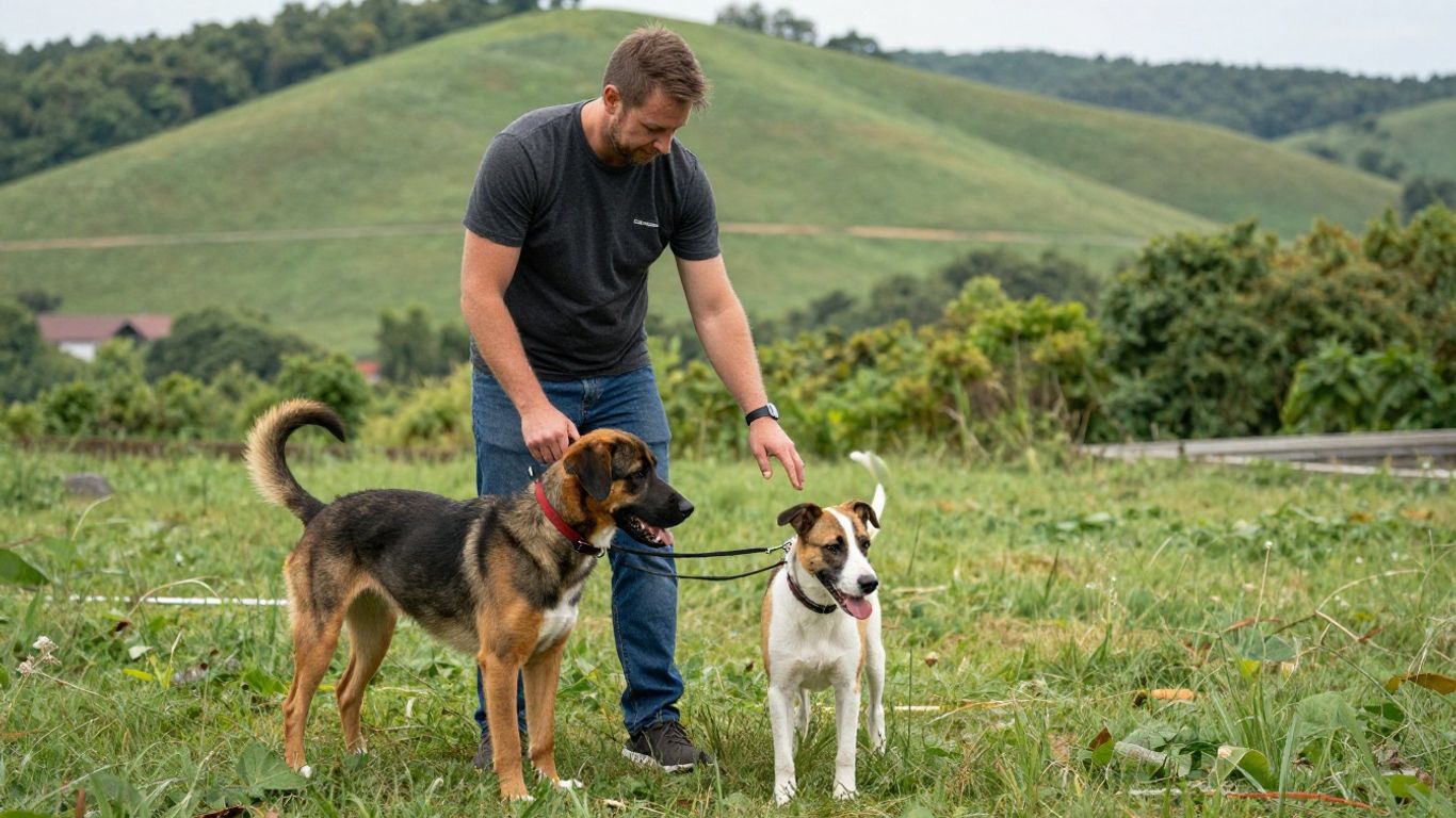 Puppy training outdoors with a professional handler.