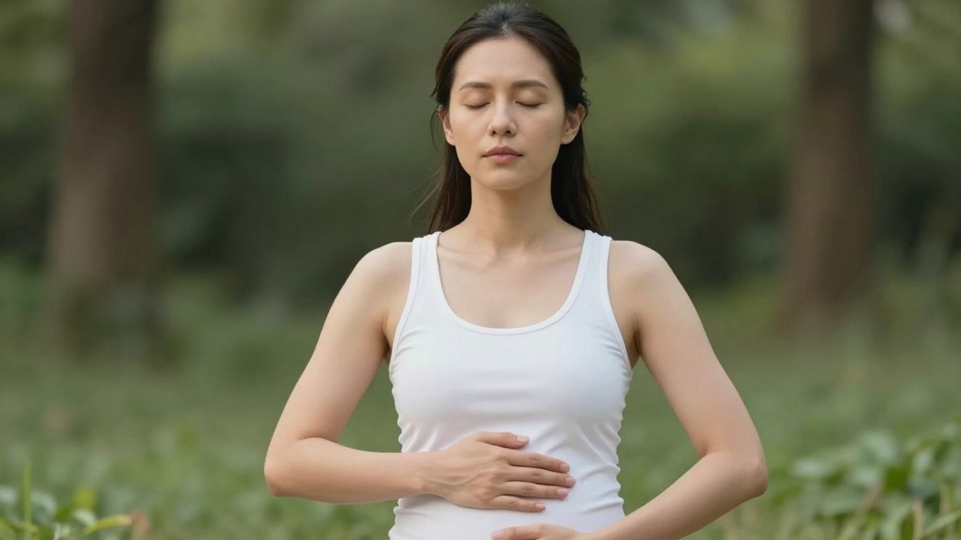 Femeie relaxată respirând adânc în natură.