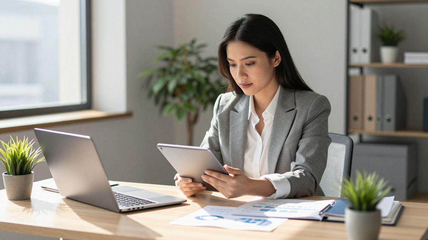 CFO reviewing financial data on a tablet in a modern office.
