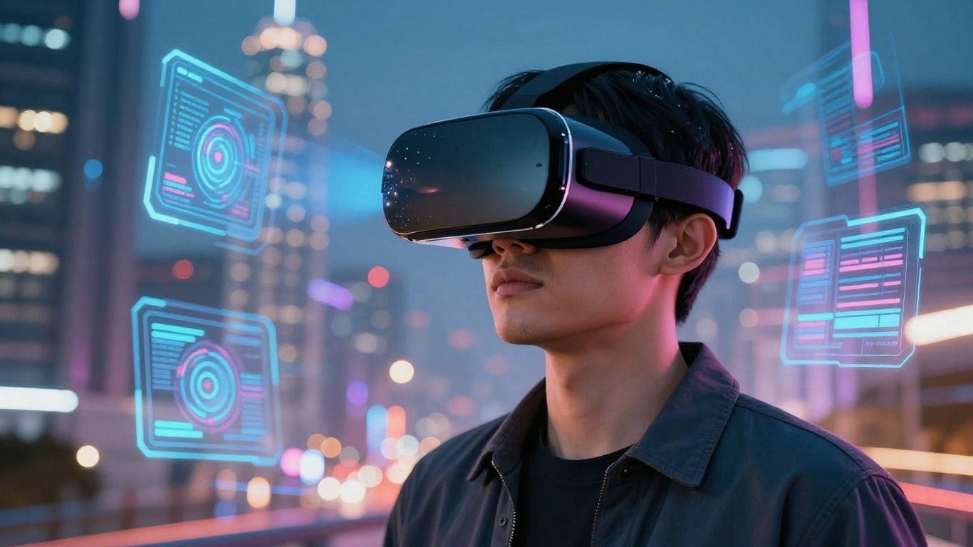 Personne dans un casque de réalité virtuelle, ville futuriste.