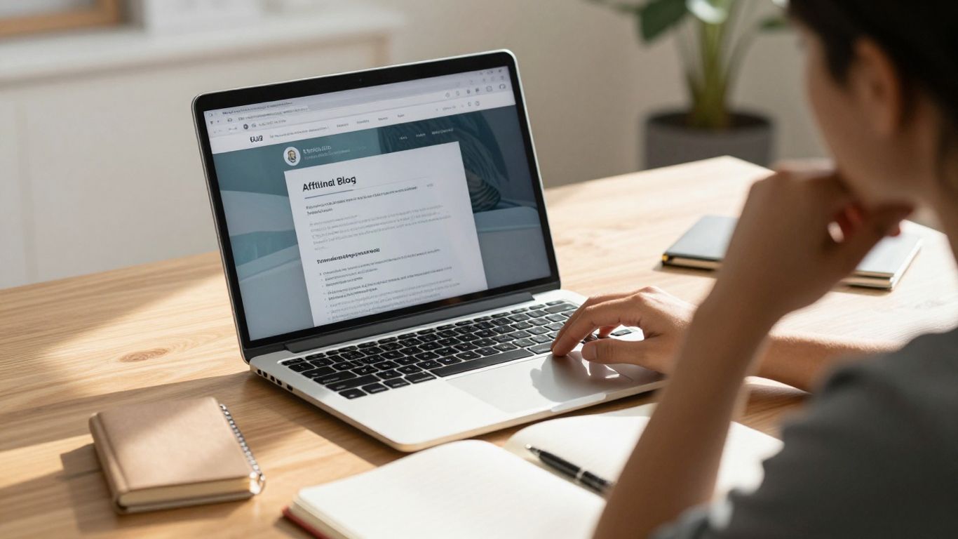 Blogger planning affiliate marketing strategy on laptop.