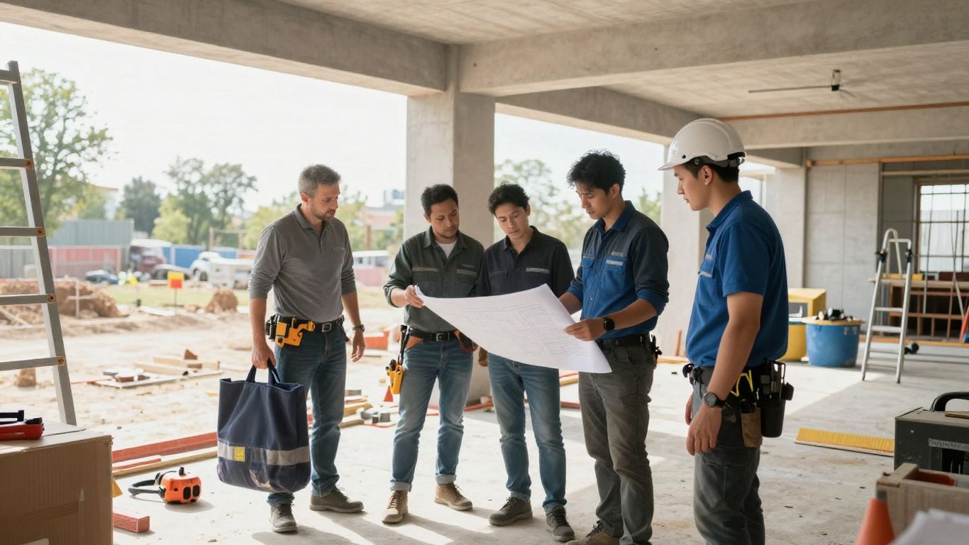 Construction team collaborating on a project site.