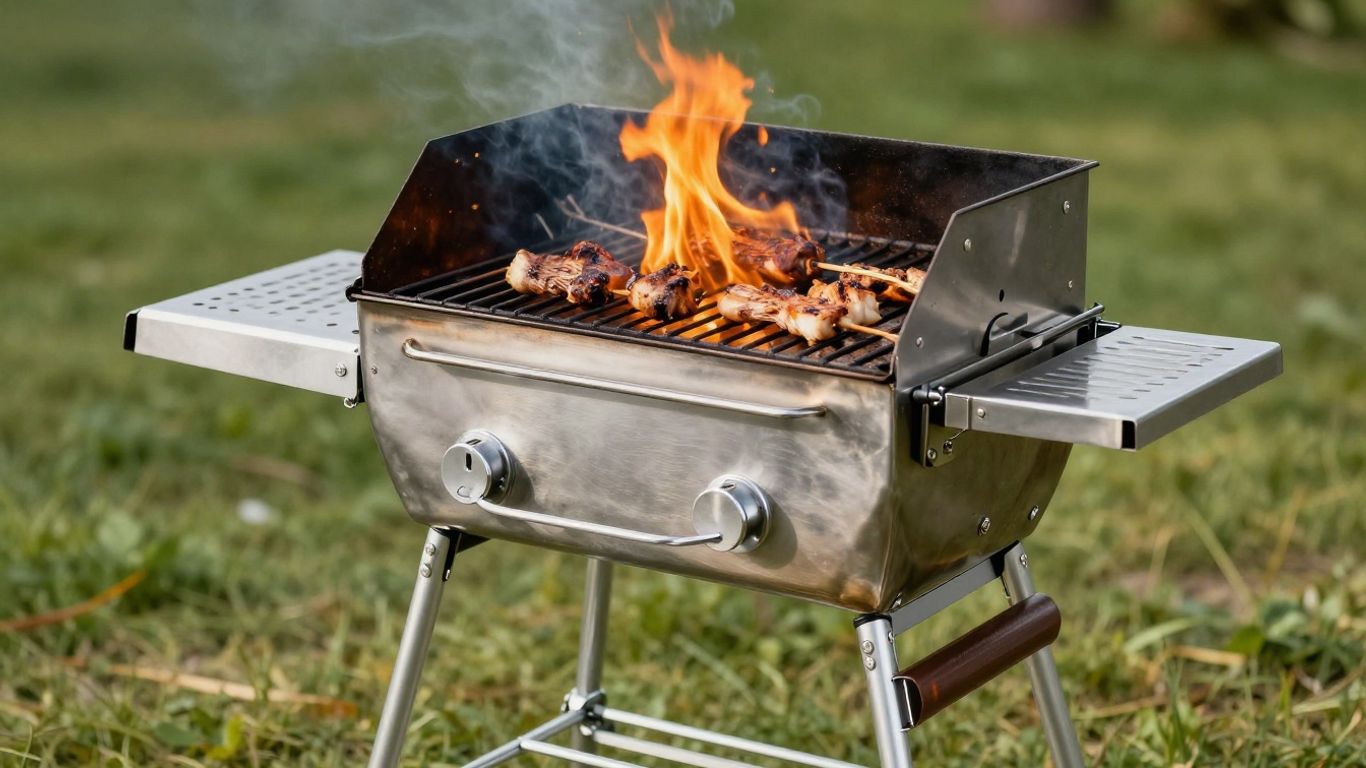 Portable stainless steel grill ready for outdoor BBQ.