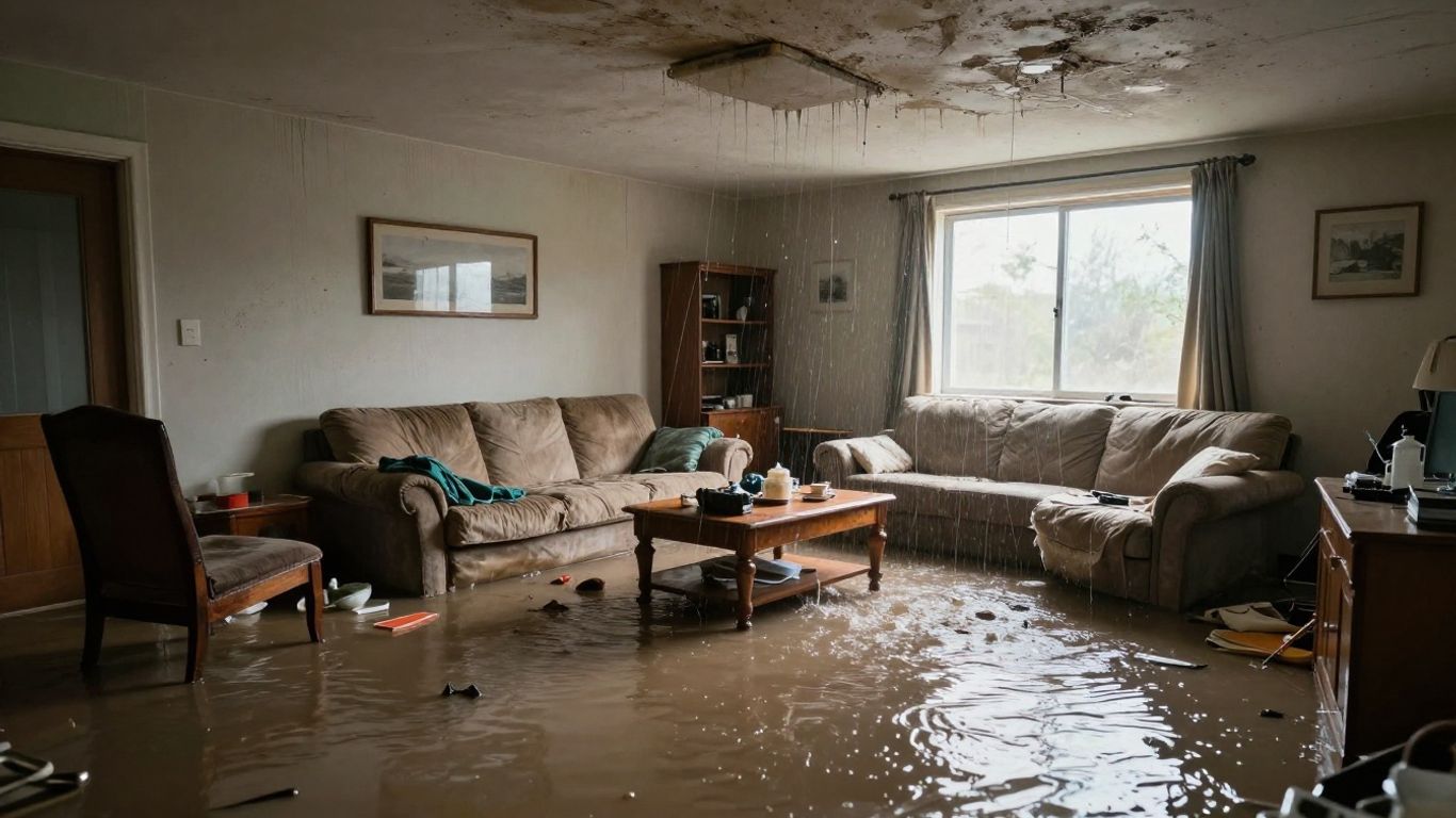 Flooded living room with water damage.