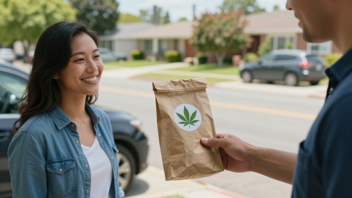 Courier delivers cannabis package to happy customer at home.