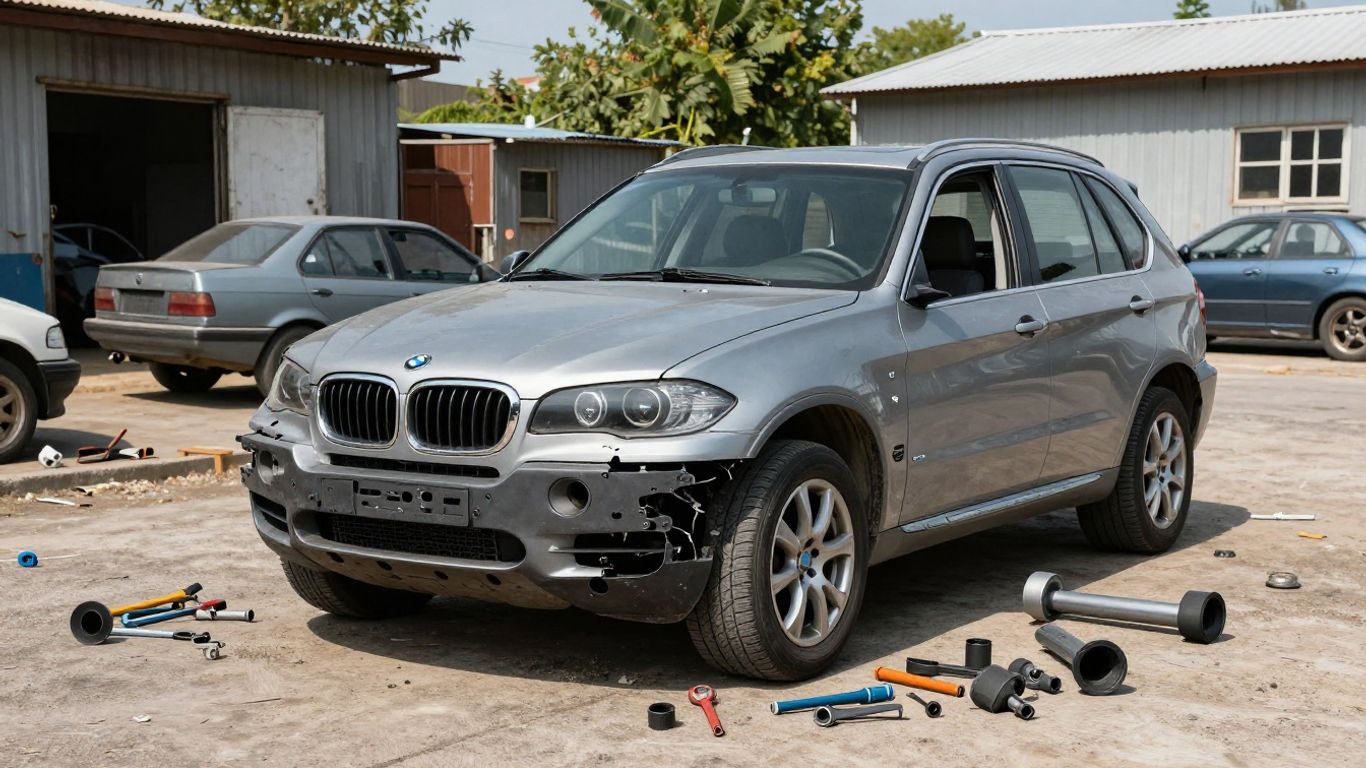 Dismantled BMW X5 in a wrecking yard.