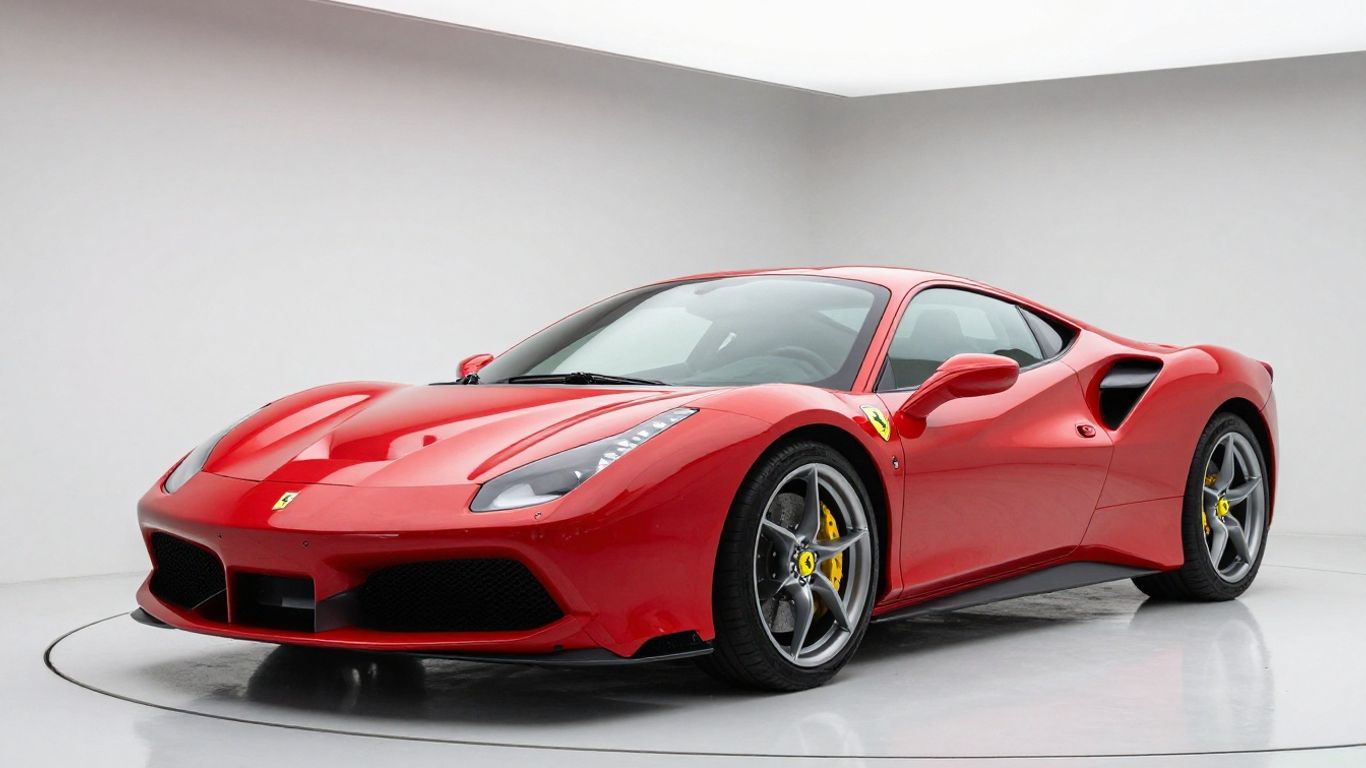 Red Ferrari 488 GTB in a garage.