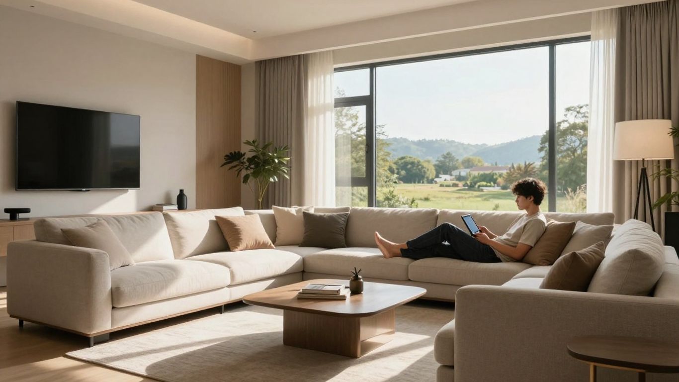 Persona relajada en sala de estar con seguro de hogar.