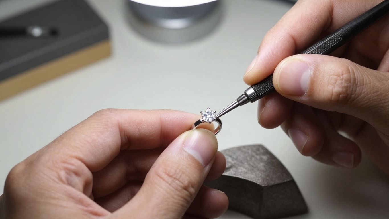 Artisan inspecting fine metal jewellery in studio light