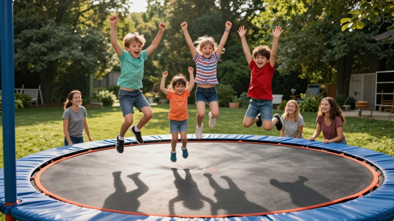 Family having fun on an outdoor trampoline.