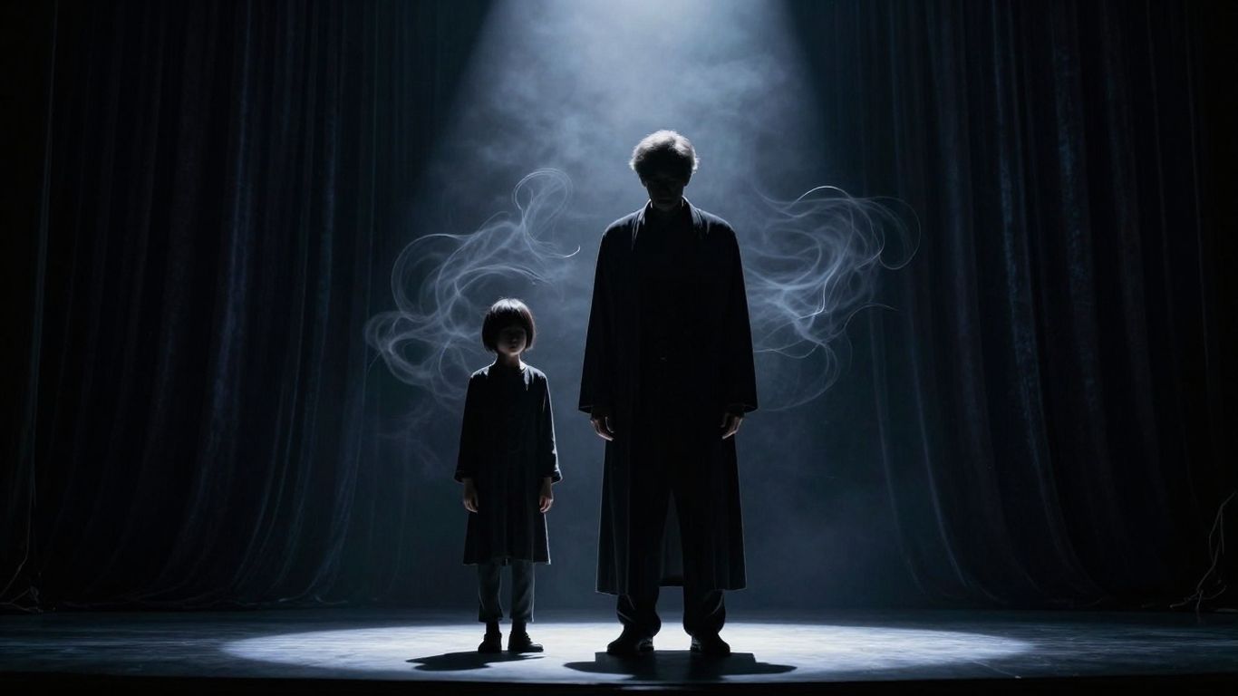 Two silhouetted actors on a spotlighted stage.