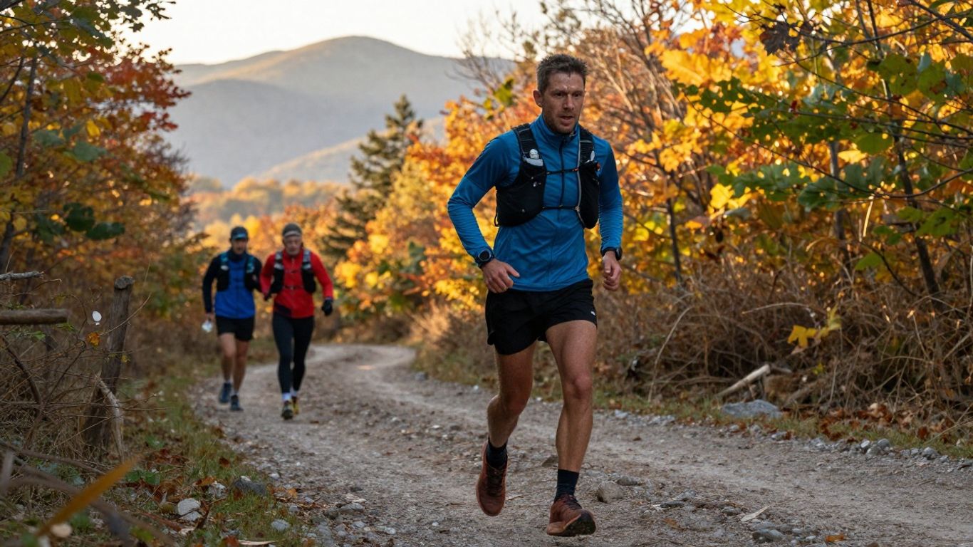 Ultrarunner training on a rugged autumn forest trail