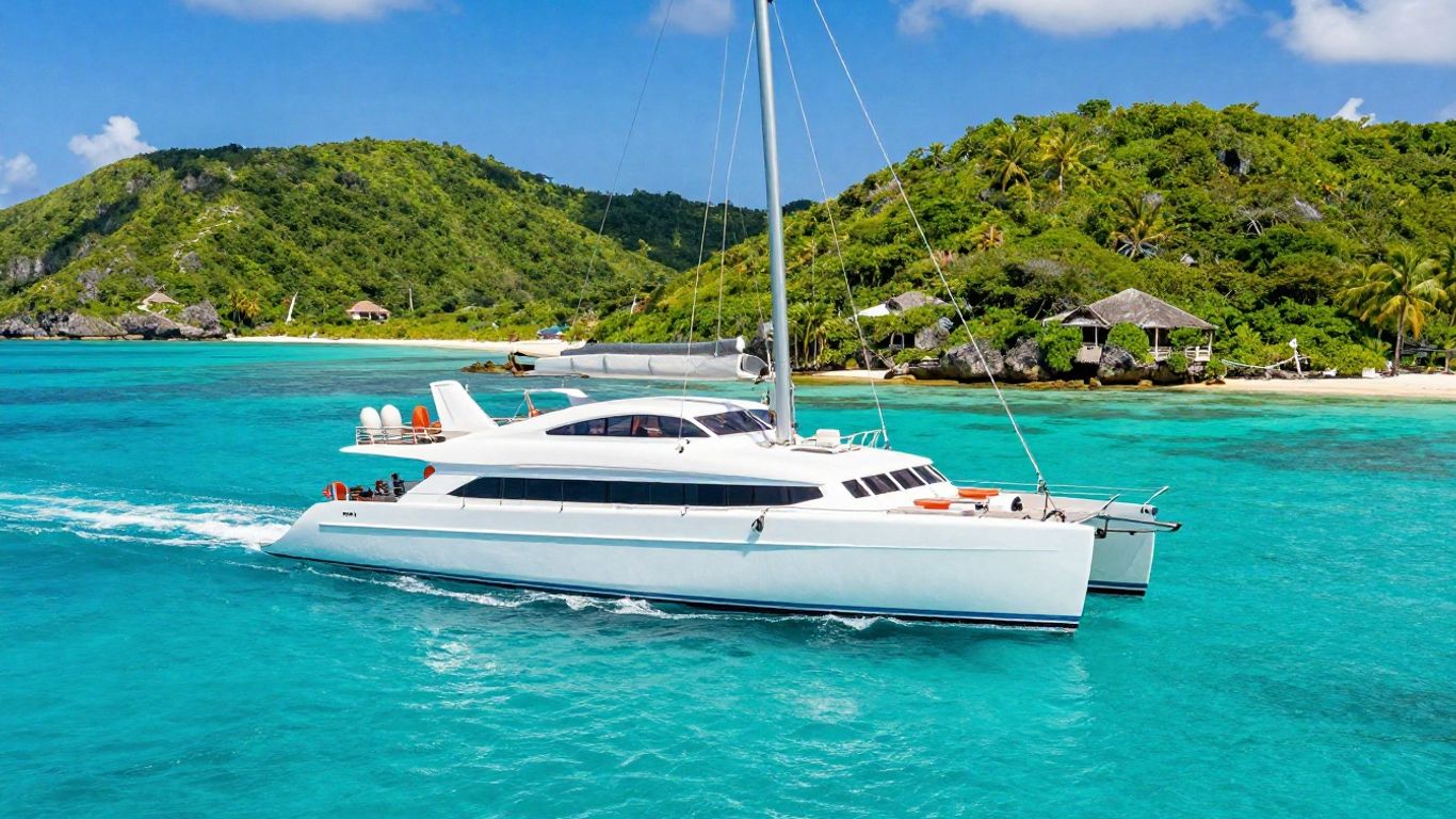 Catamaran sailing in clear Caribbean waters near islands.