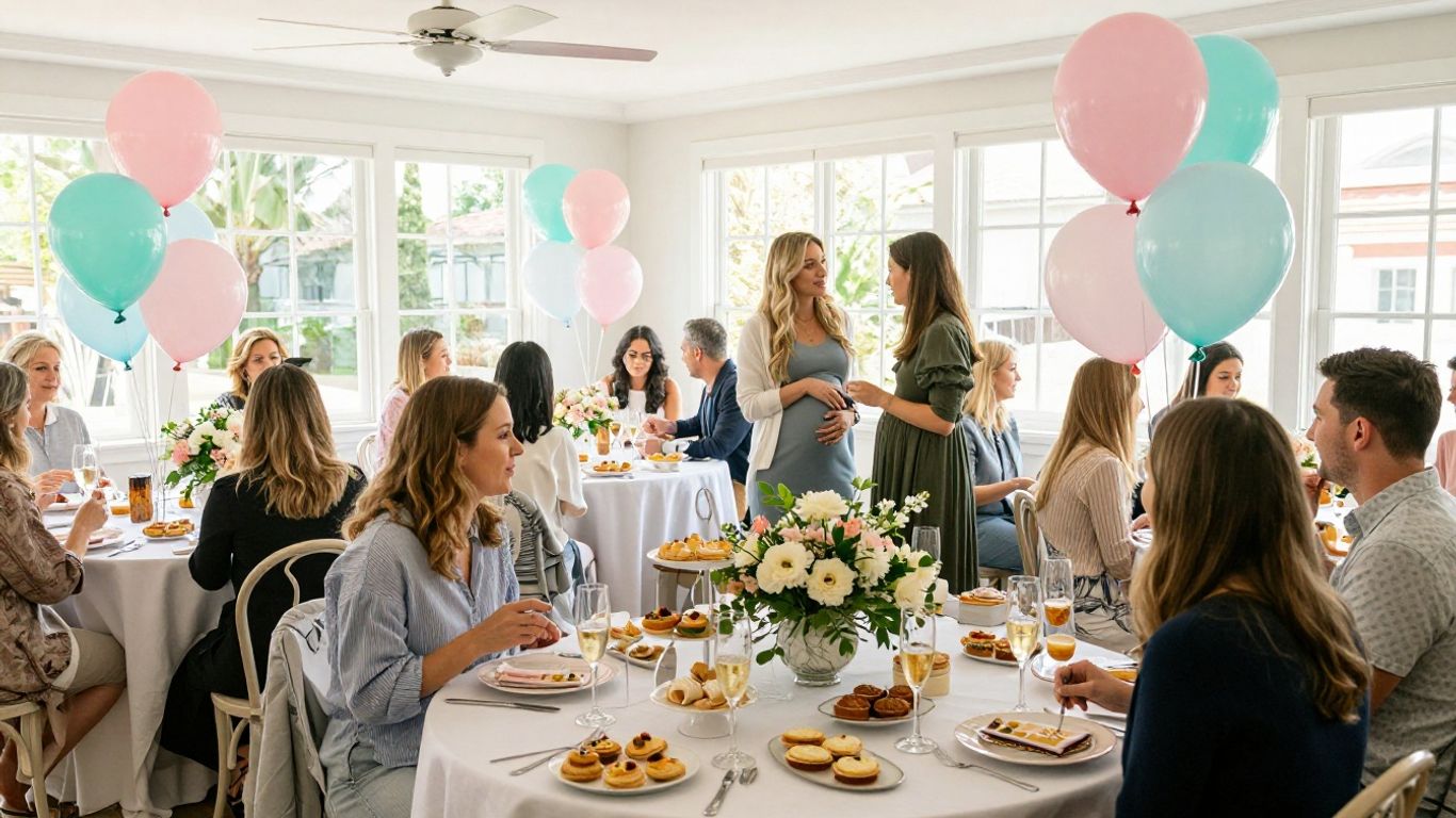 Elegant baby shower venue with balloons, flowers, and happy guests.