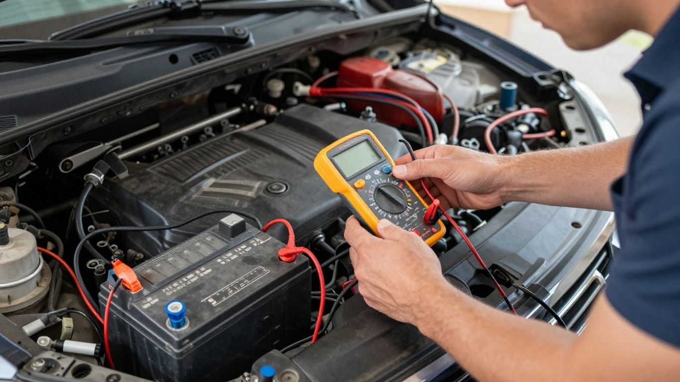Technician testing vehicle battery and wiring circuits