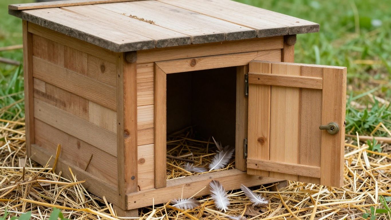 Zabezpieczony kurnik przed gryzoniami, zamknięte drzwi.