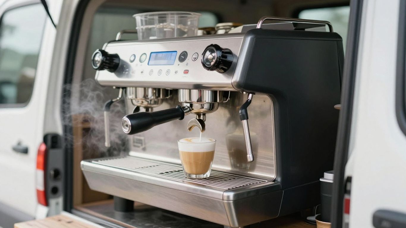 Mobile coffee van with professional espresso machine.