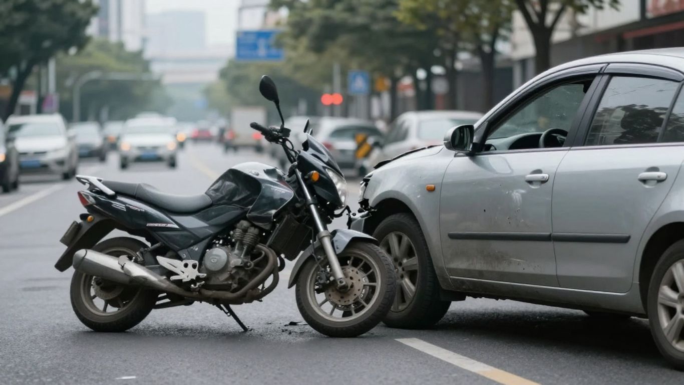 Motorcycle and car after a collision in Duluth.