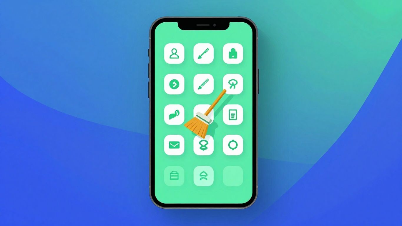 Celular limpo com ícones organizados e vassoura digital.