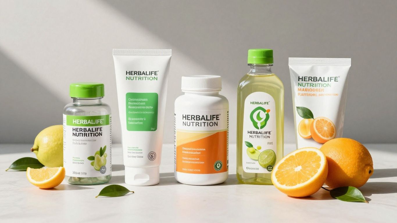 Herbalife Nutrition products with fresh fruits and leaves.