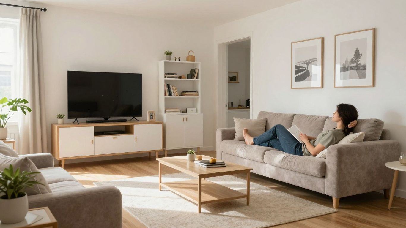Sparkling clean living room, person relaxing on sofa.