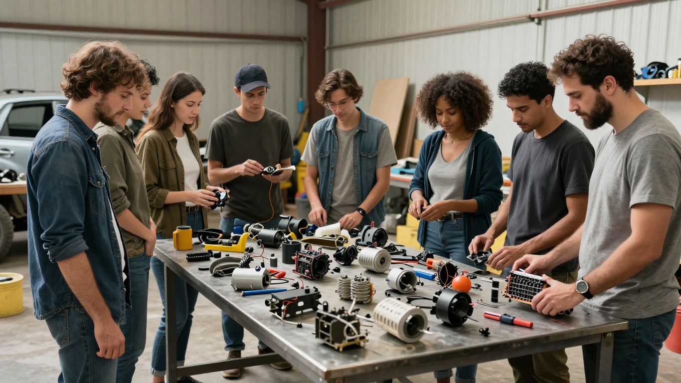 A group of car enthusiasts observing a vehicle engine