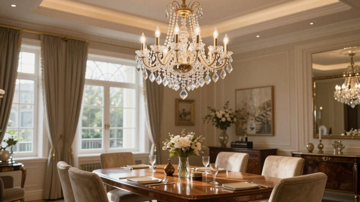 Elegant six-light chandelier illuminating a dining room.