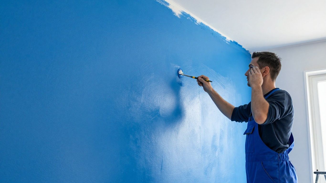 Painter applying smooth blue paint to interior wall.