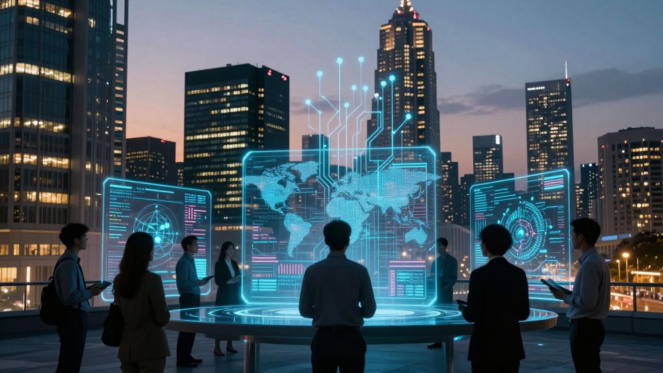 AI engineering outsourcing cityscape with professionals and data.