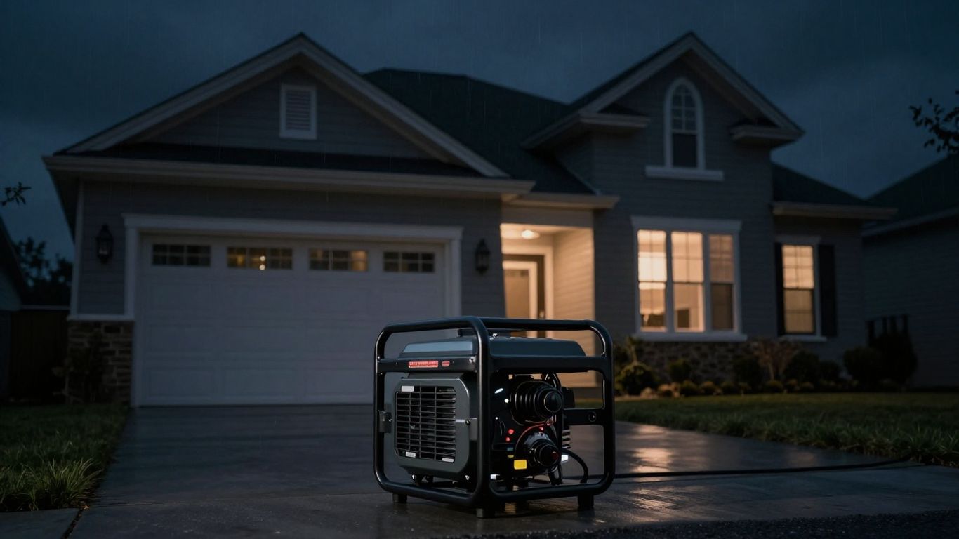Home backup generator powering a house during a storm.