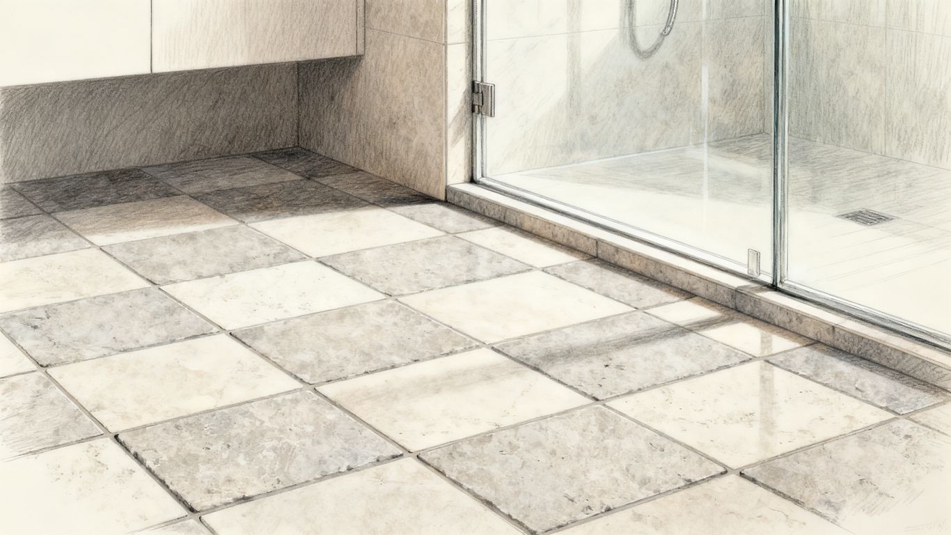 Honed stone and patterned bathroom floor