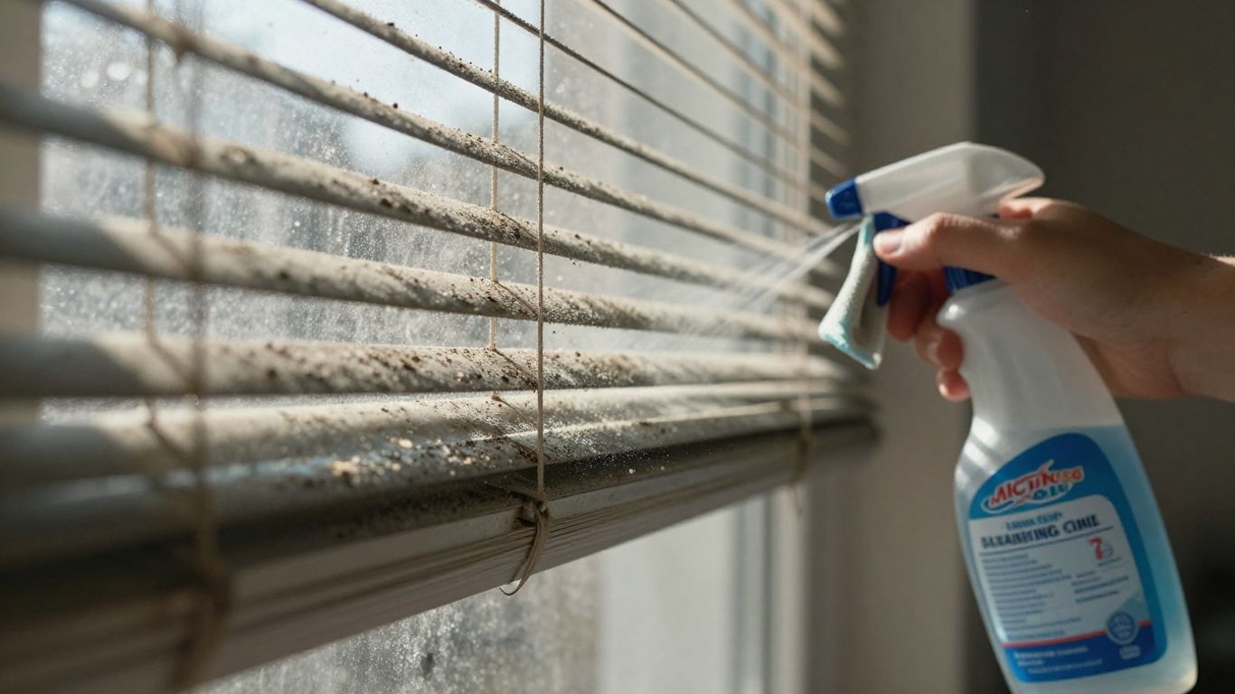 Dusty window blinds with cleaning supplies nearby.