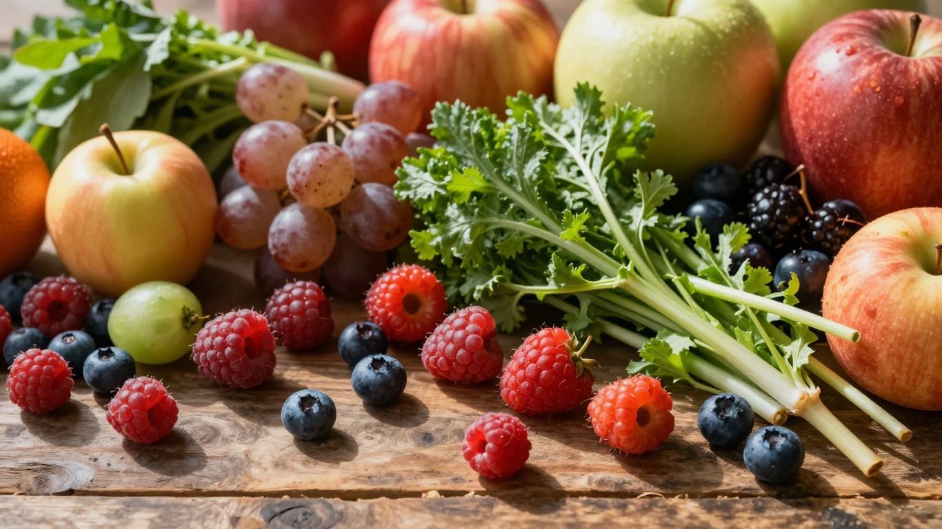 Colorful fruits and vegetables on a wooden surface.