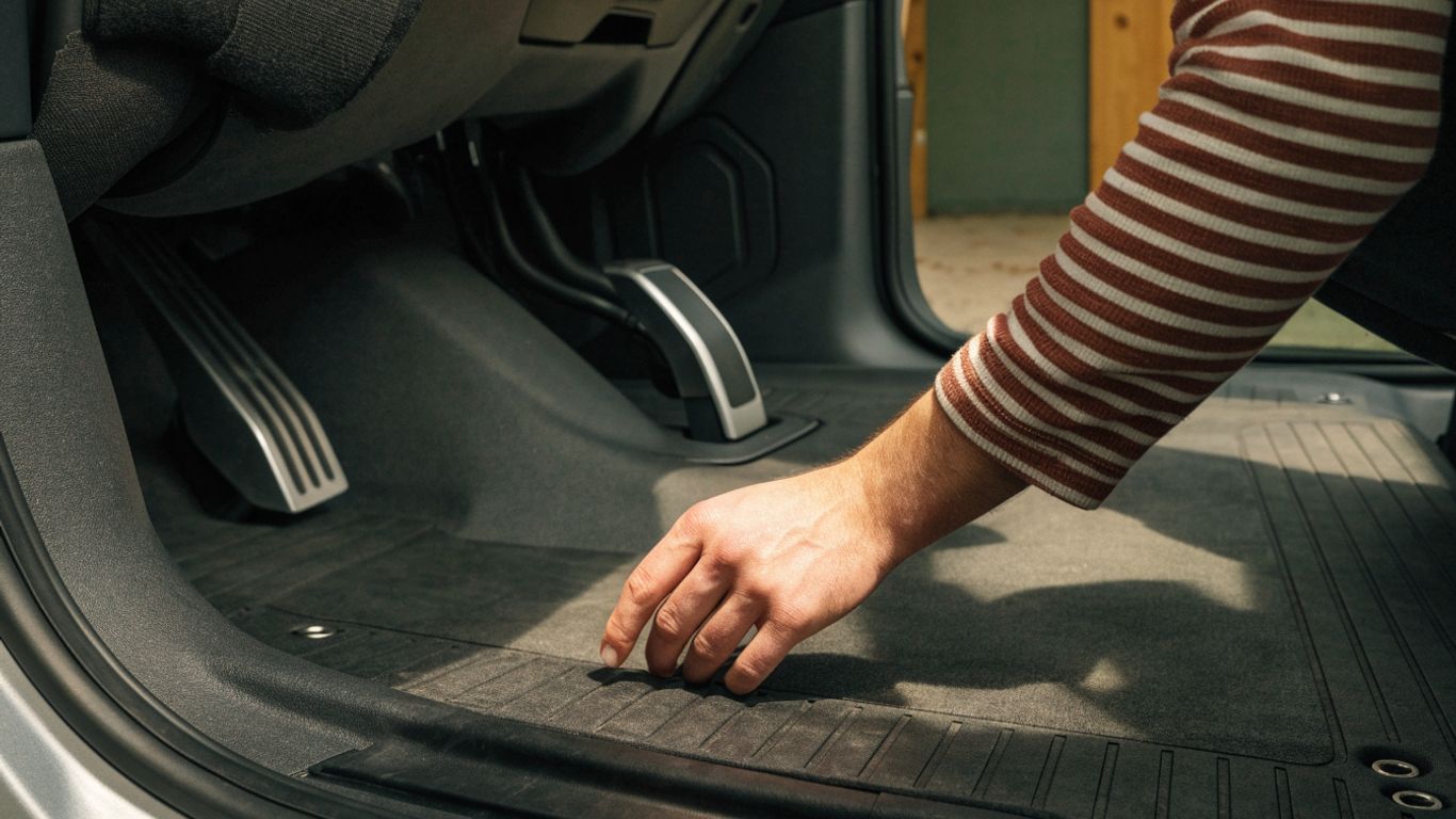 Floor liner being checked for fit in a vehicle