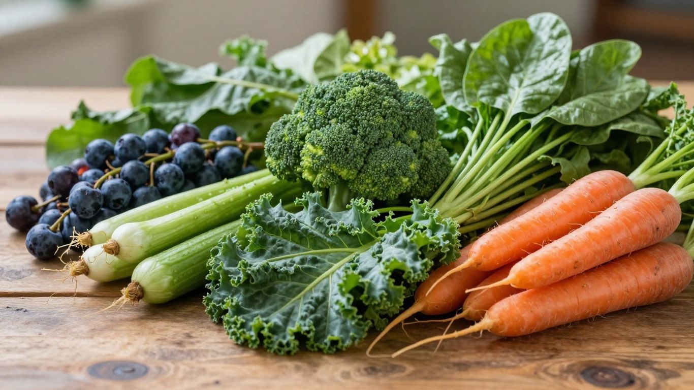 Frutas e vegetais frescos e variados