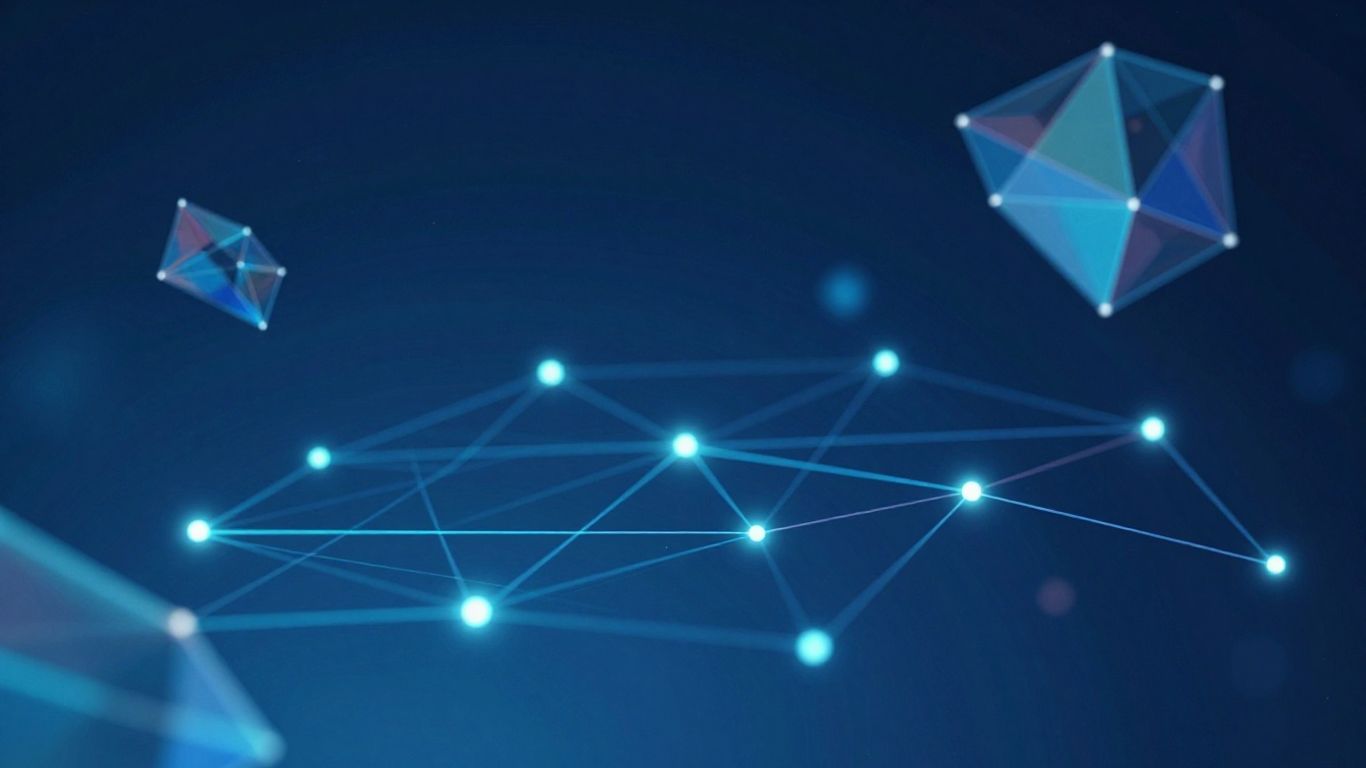 Digital blockchain network with glowing nodes and futuristic elements.