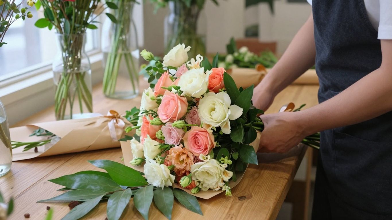 Florist arranging fresh flowers for local delivery