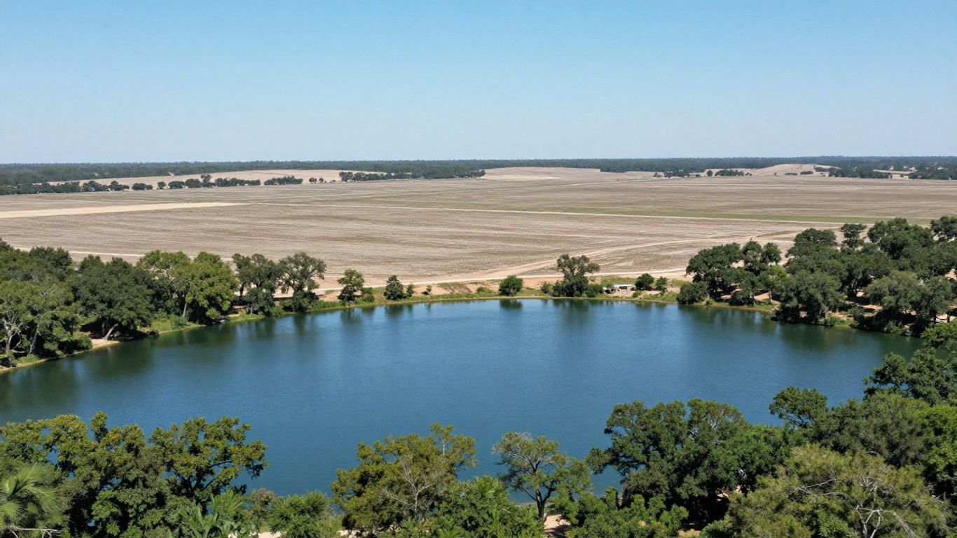 Texas waterfront property with lake and undeveloped land.