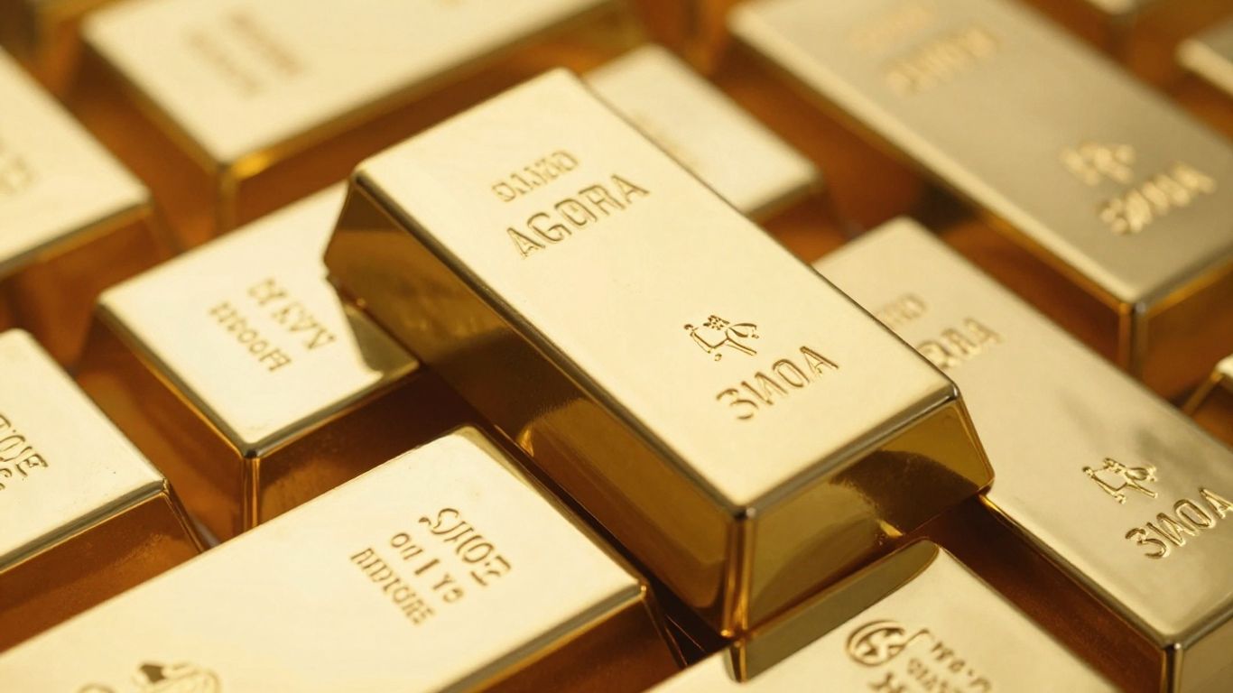 Lingots d'or brillants empilés, gros plan.