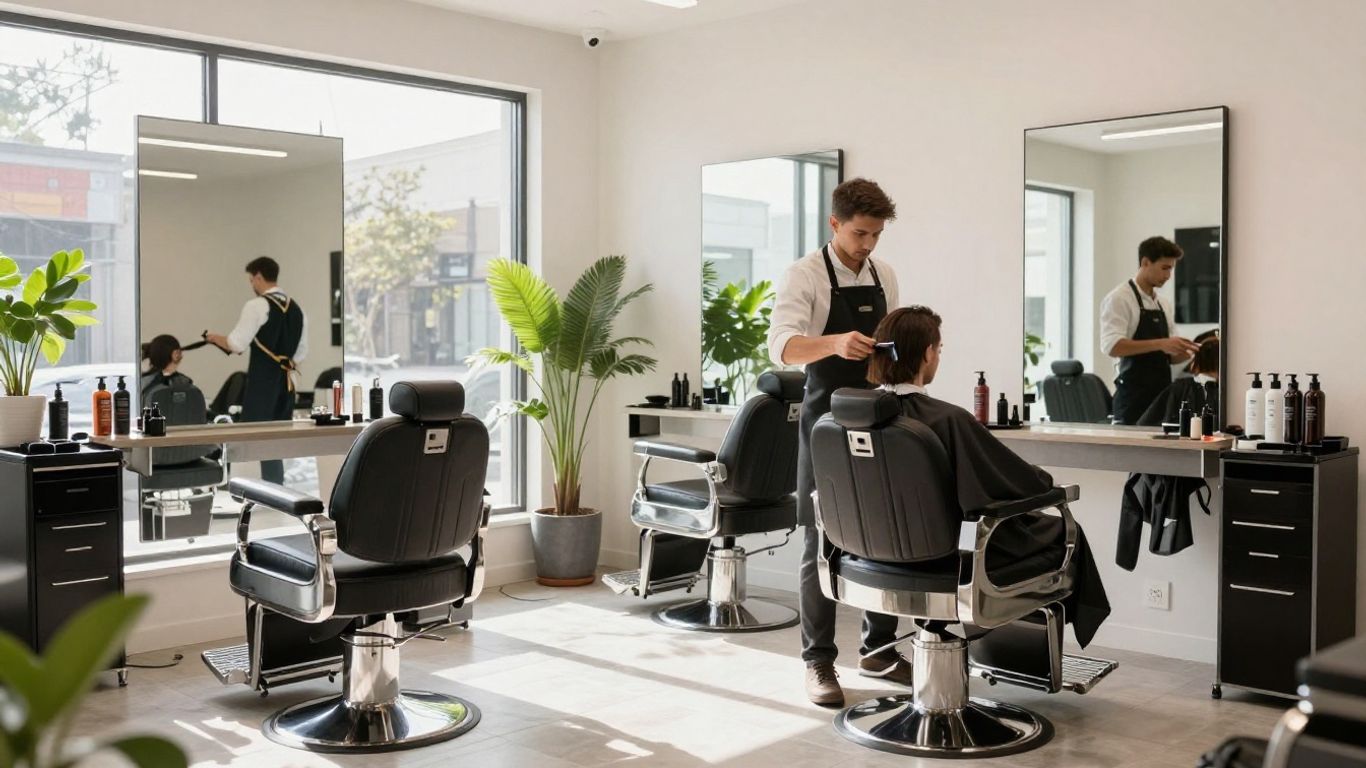 Modern barbershop interior with barber chairs and tools.