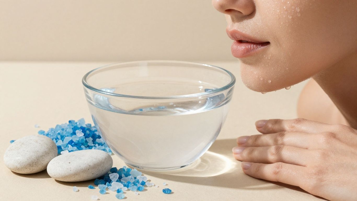 Visage frais entouré de gouttelettes minérales
