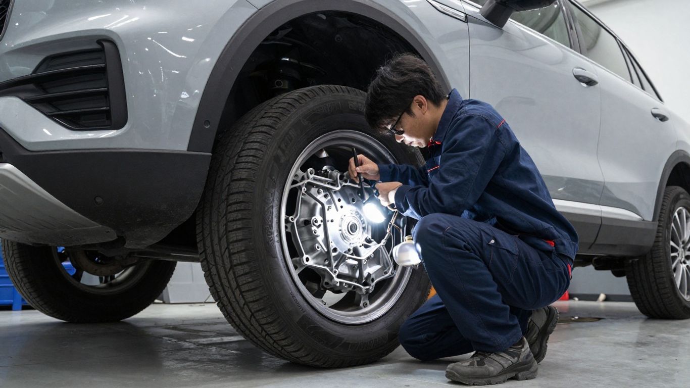 Mechanic inspecting an SUV transmission underneath
