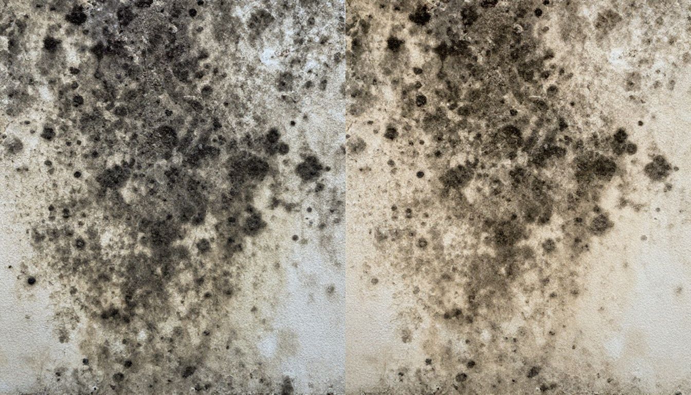 A split-screen image showing a wall covered in black mold on the left, and the same wall clean and restored on the right.