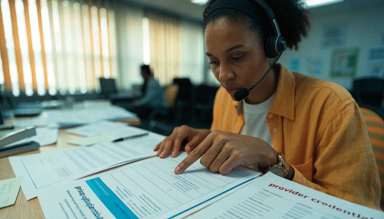 A billing specialist reviewing a prior-authorization form and provider credential roster at a desk, with no readable personal information; realistic photography and natural, population-proportional diversity in age and race or ethnicity.