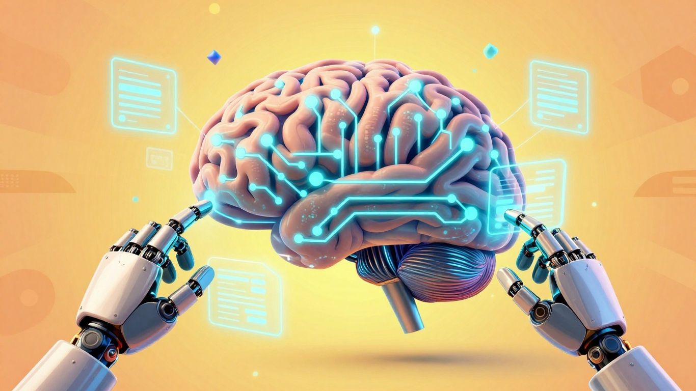 Abstract digital brain with robotic hands and data streams.