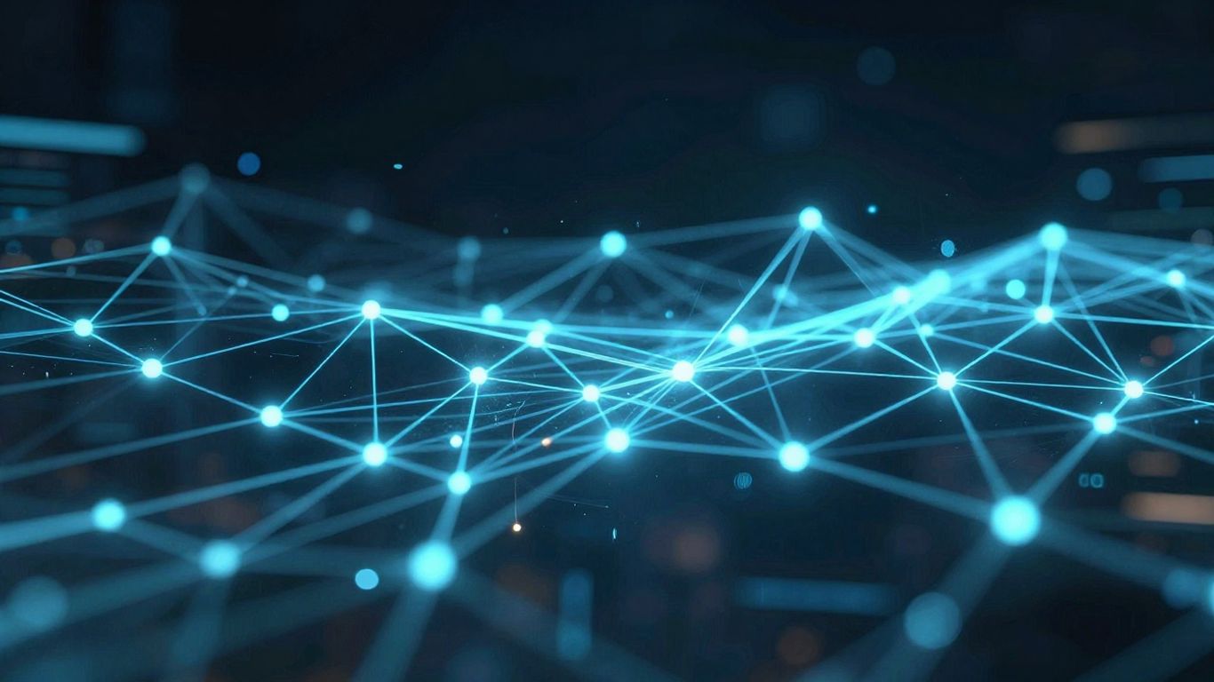 Abstract network of glowing nodes and data streams
